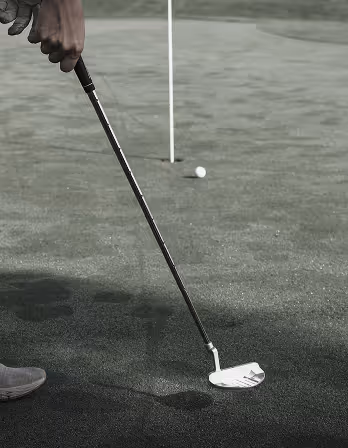 Close-up of a golfer putting a white golf ball on the green near the hole.
